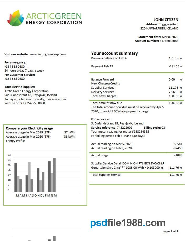 Iceland Arctic Green Energy Corporation Electricity Utility Bill